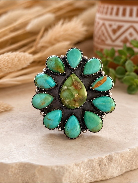 Handmade Jewelry - Turquoise Cluster Statement Ring - Green/Blue Gemstones Sterling